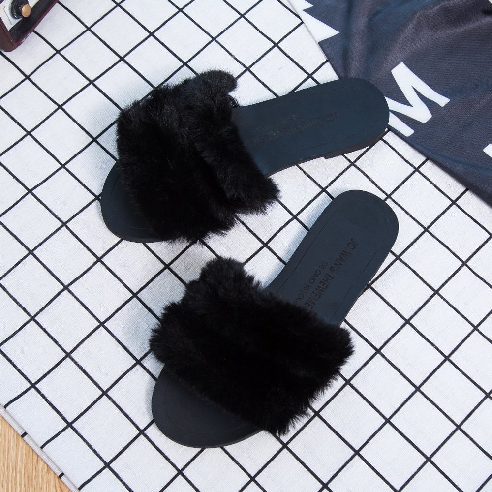 Banded Faux Fur Open Toe Slides/Slip-Ons, Black